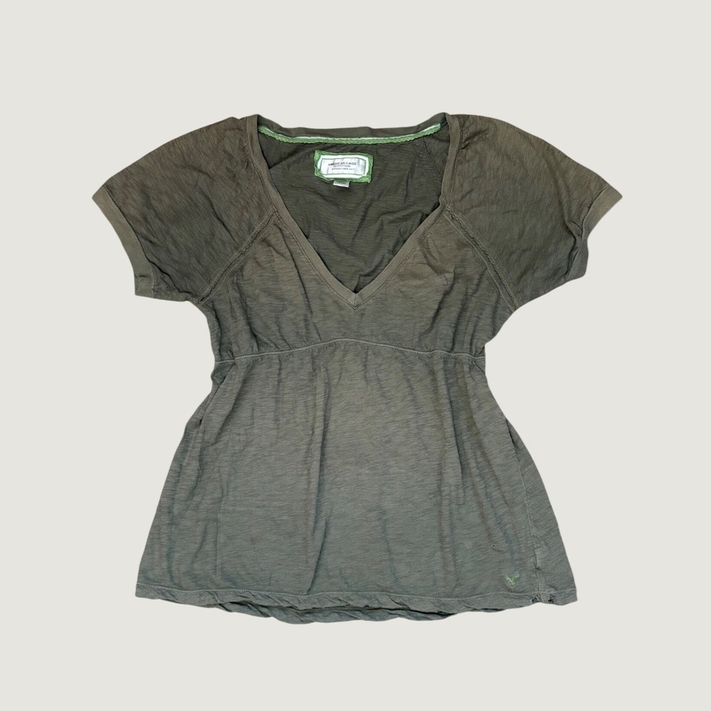 Y2K American Eagle Olive Green V-Neck Babydoll Top Short Sleeve Slub Knit #15